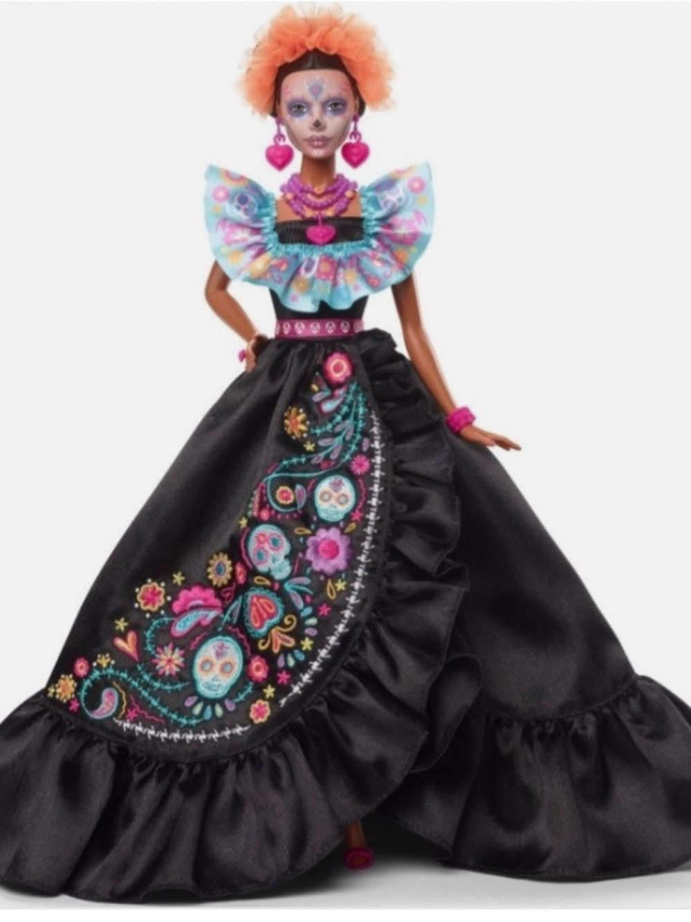 Barbie Black Dress with Multicolor Embroidered Floral Accents